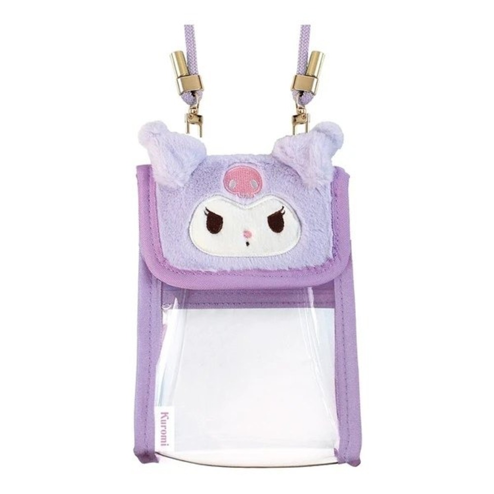 Japan Sanrio Kuromi Fuzz Face Phone & Card Shoulder Pouch Clear Crossbody Bag - Picture 5 of 10